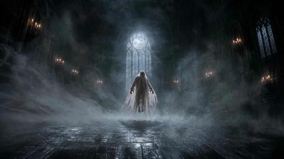 Mist moves through a cavernous gothic interior as a spectral figure emerges from the darkness.