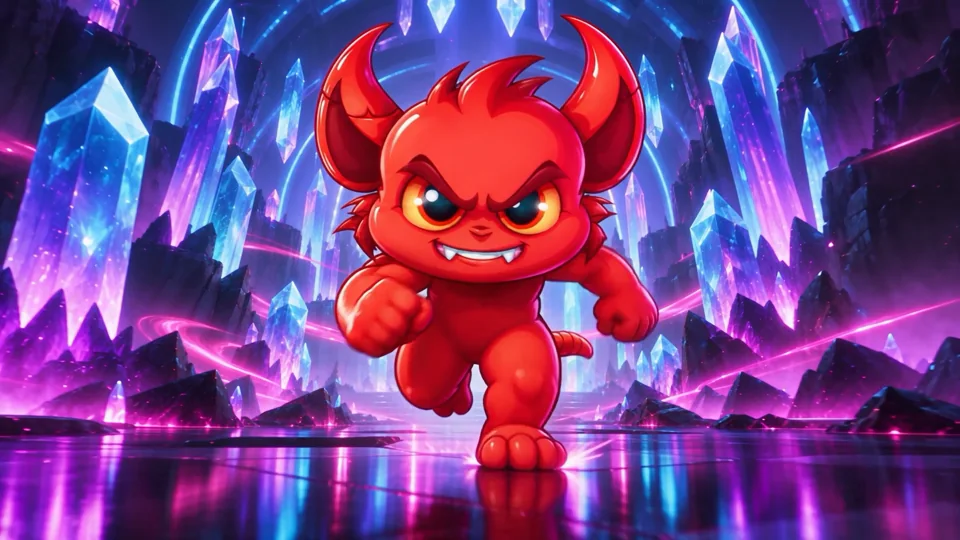 A red devil runs through a luminous world of blue crystals and magenta light. A playful, saturated change of pace.