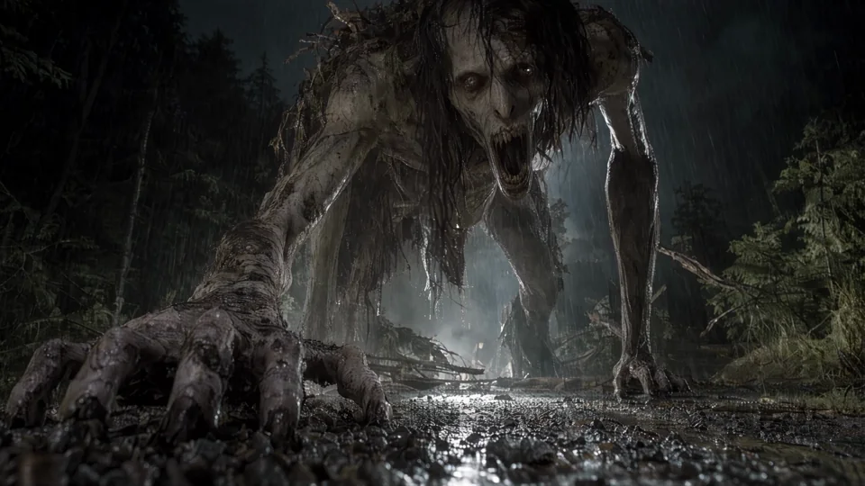 A rain-dark forest gives way to a towering creature approaching the lens. A slow reveal that becomes a close encounter.