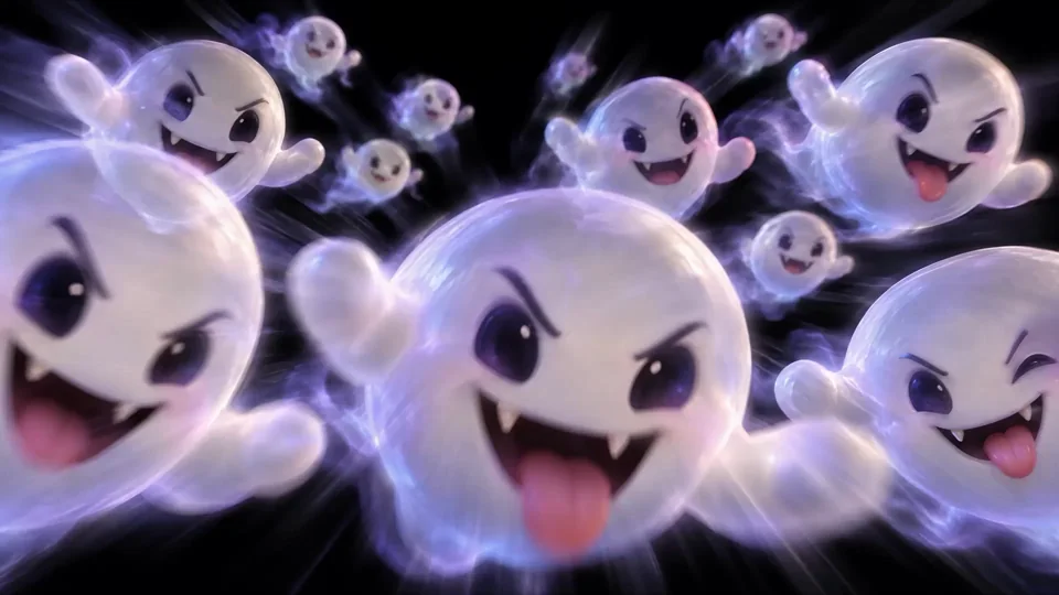 A rush of playful ghosts sweeps through a lavender glow. Rounded forms and bright eyes bring a different kind of haunting.