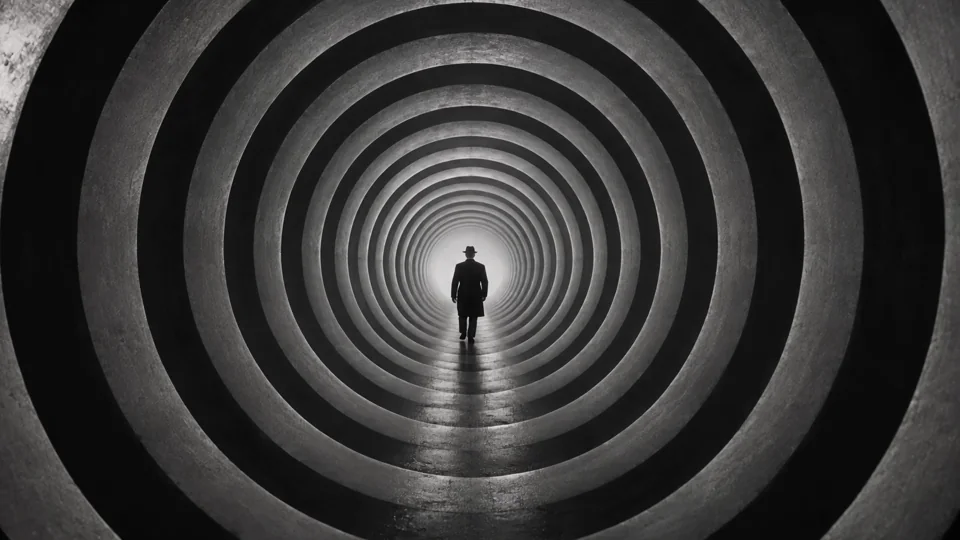 A lone silhouette advances through an endless tunnel of concentric rings. Black, white, and a beautiful sense of unease.