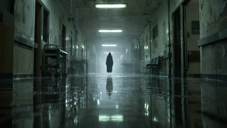 A shadowed figure approaches along an abandoned hospital corridor. Cold overhead lights reflect in the flooded floor.