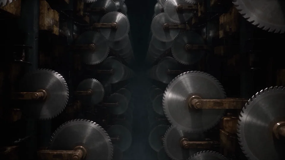 Rows of circular saw blades turn through a dark industrial space. Metal, shadow, and relentless mechanical movement.