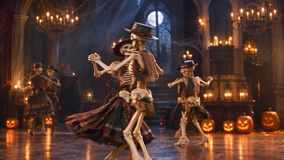 Dancing skeletons take over a candlelit hall, surrounded by carved pumpkins and warm amber light.