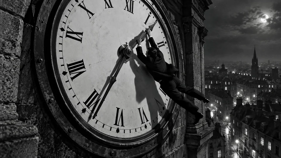 A figure clings to the hands of a monumental clock above a moonlit city. A suspenseful scene in black and white.