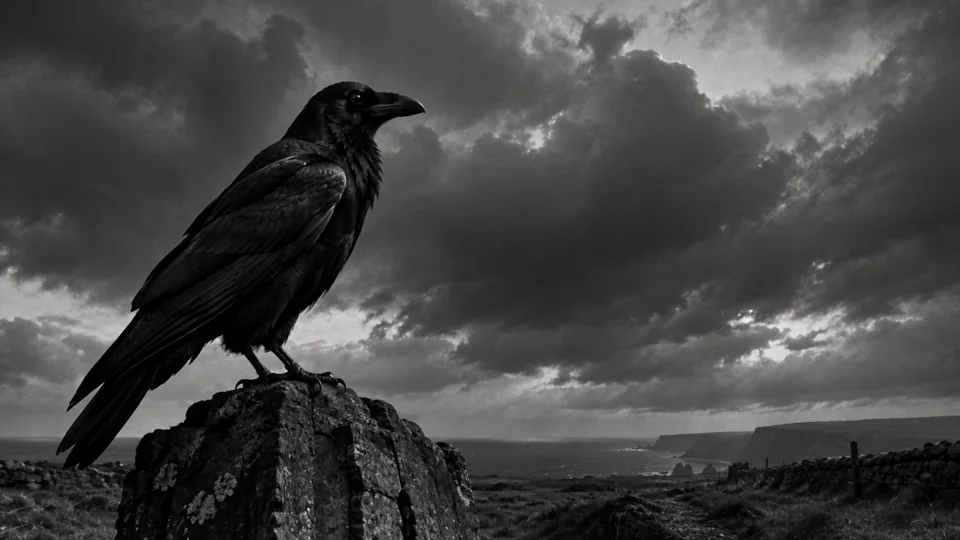A crow watches from a rocky perch beneath a storm-filled sky. Stark silhouettes and a brooding horizon.
