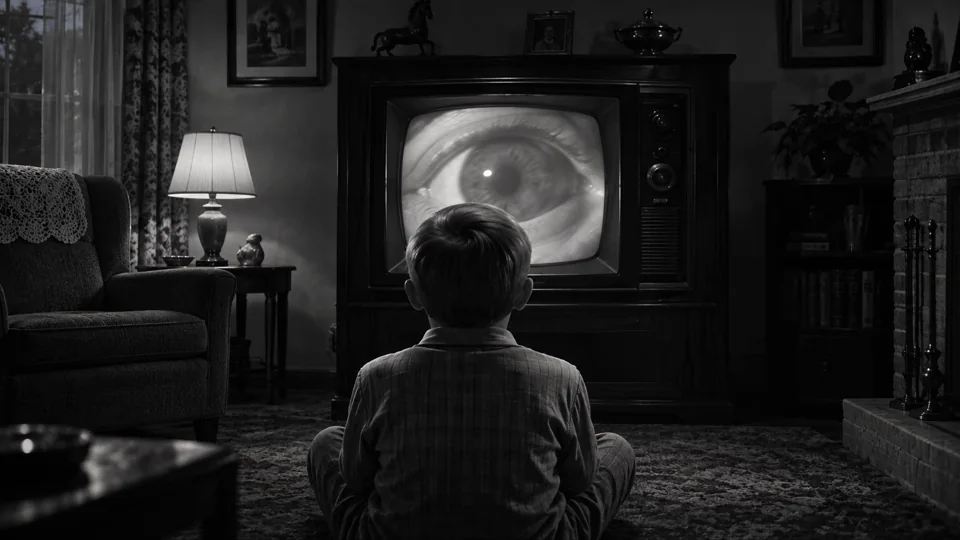 A child watches a giant eye on an old television. A quiet, unsettling domestic scene in black and white.