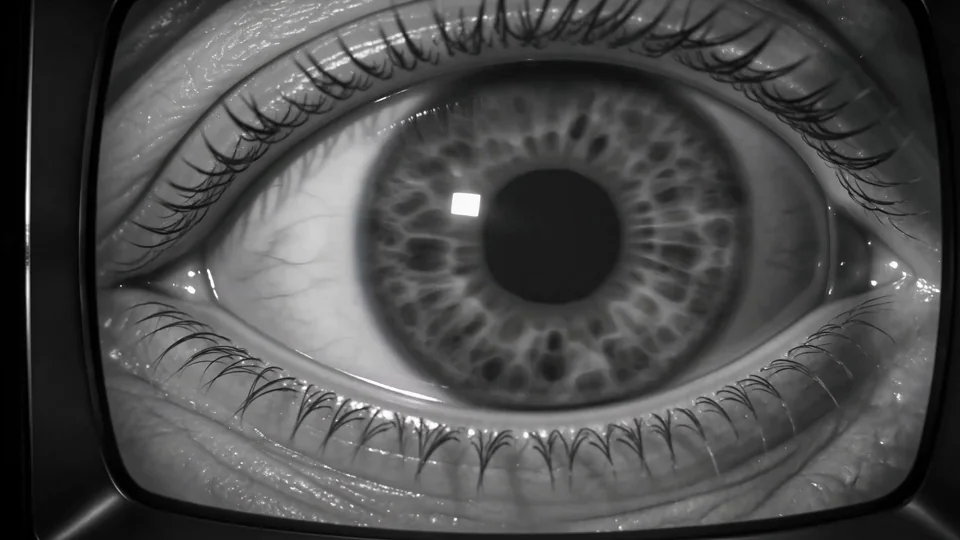 An enormous watchful eye fills a vintage television screen. A close-up that makes the room feel watched.