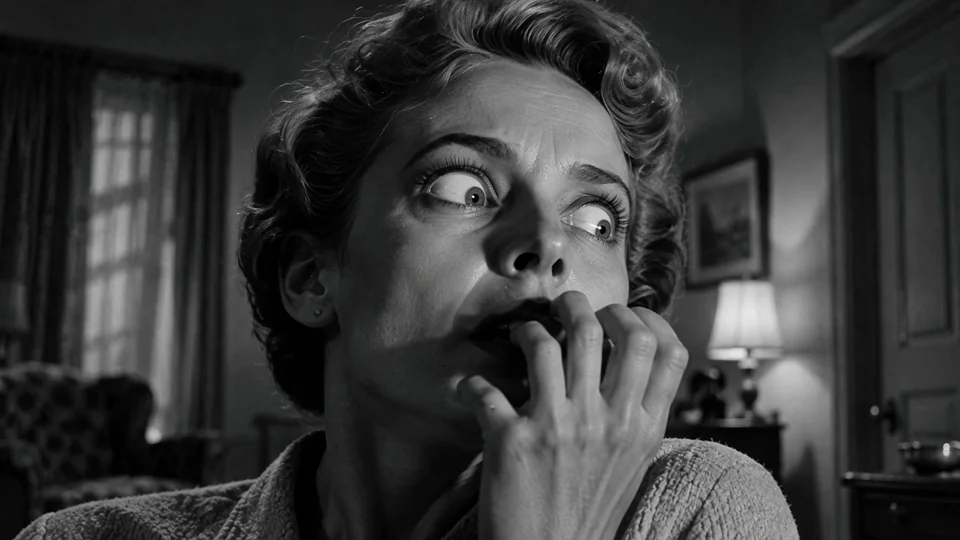A frightened face turns toward something beyond the frame. Expressive close-up horror with a vintage monochrome feel.