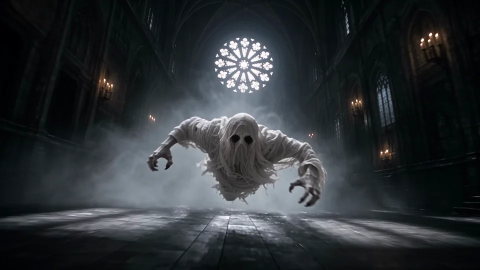 A ghost lunges toward the viewer inside a dark cathedral, beneath the glow of a circular window.
