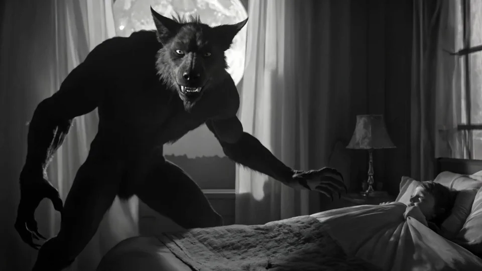 A werewolf looms over a bed against a full moon. A classic creature encounter in stark black and white.