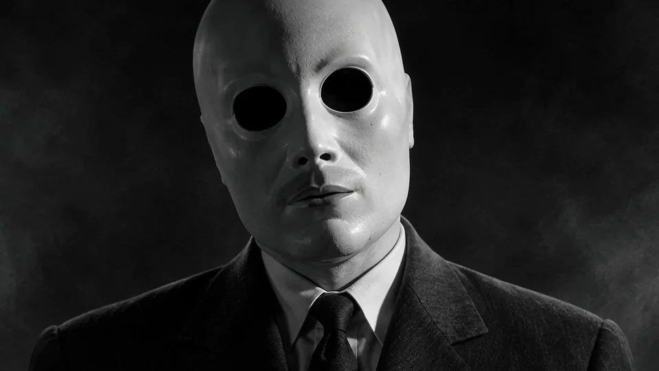 An expressionless white mask turns in the dark. Hollow eyes, drifting smoke, and an uncomfortably close encounter.