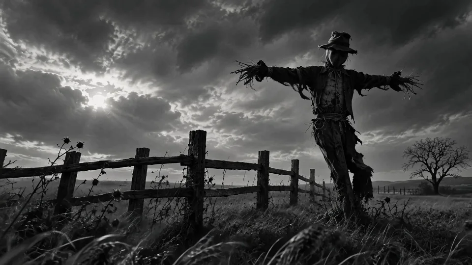 A scarecrow stands above a wind-swept field and broken fence, silhouetted against heavy clouds.