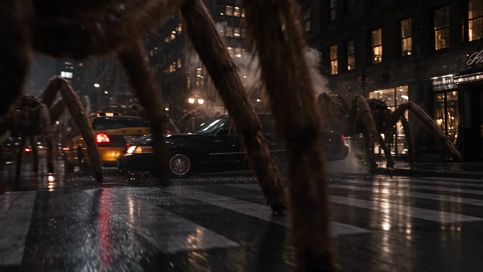 Giant spider legs move through a wet city street. Reflections and night-time light give the scene its scale.
