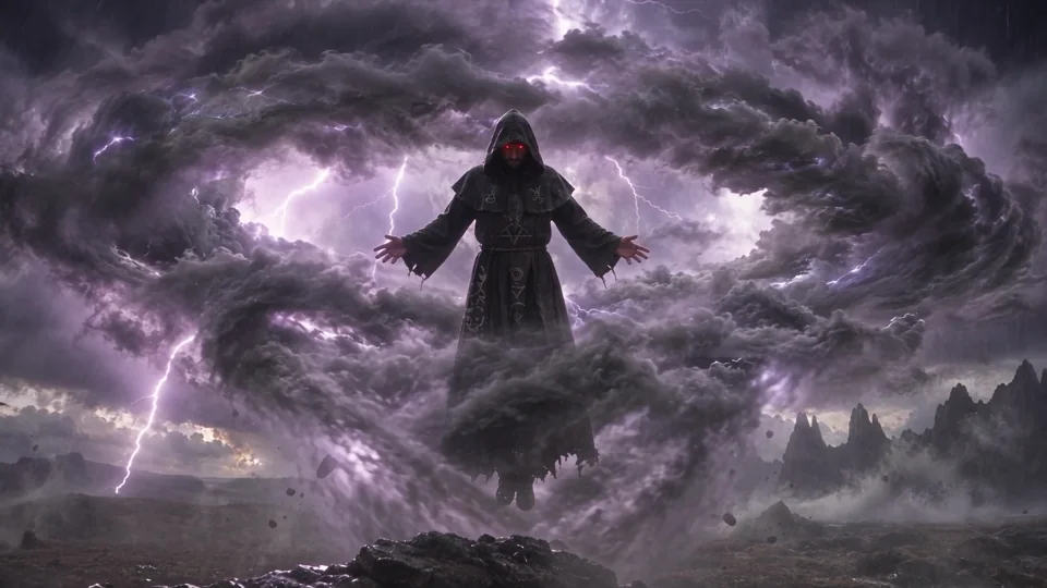 A hooded figure hangs inside a swirling violet storm. Lightning traces the clouds around an otherworldly presence.