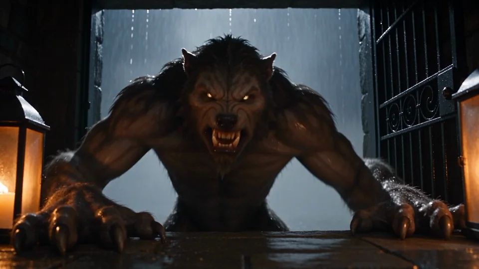 A werewolf closes in through a rain-soaked passage, framed by cold blue light and warm lanterns.